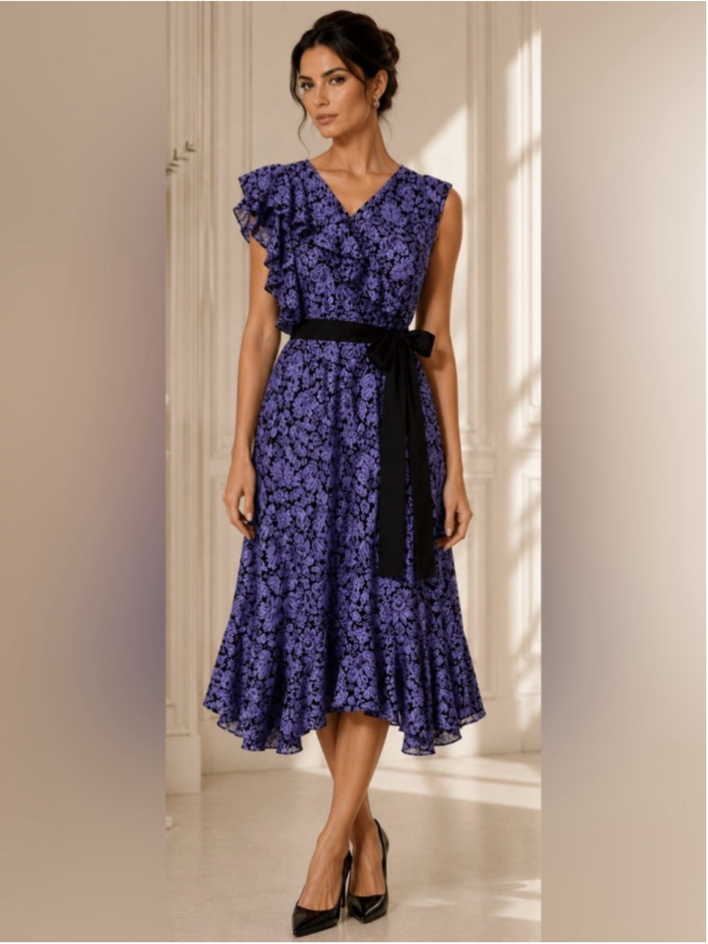 ERDEM Kaylee Floral Midi Dress in Slate Bluish Purple and Black, Size 8 US/12 UK